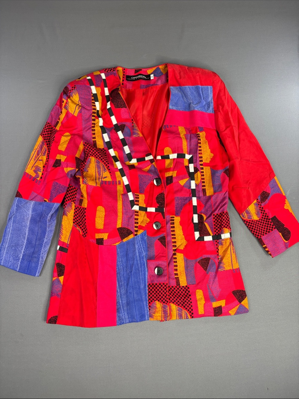 Vintage Patchwork Blazer Womens Mediem Art to Wear Red Shoulder Pads Bold Taupe